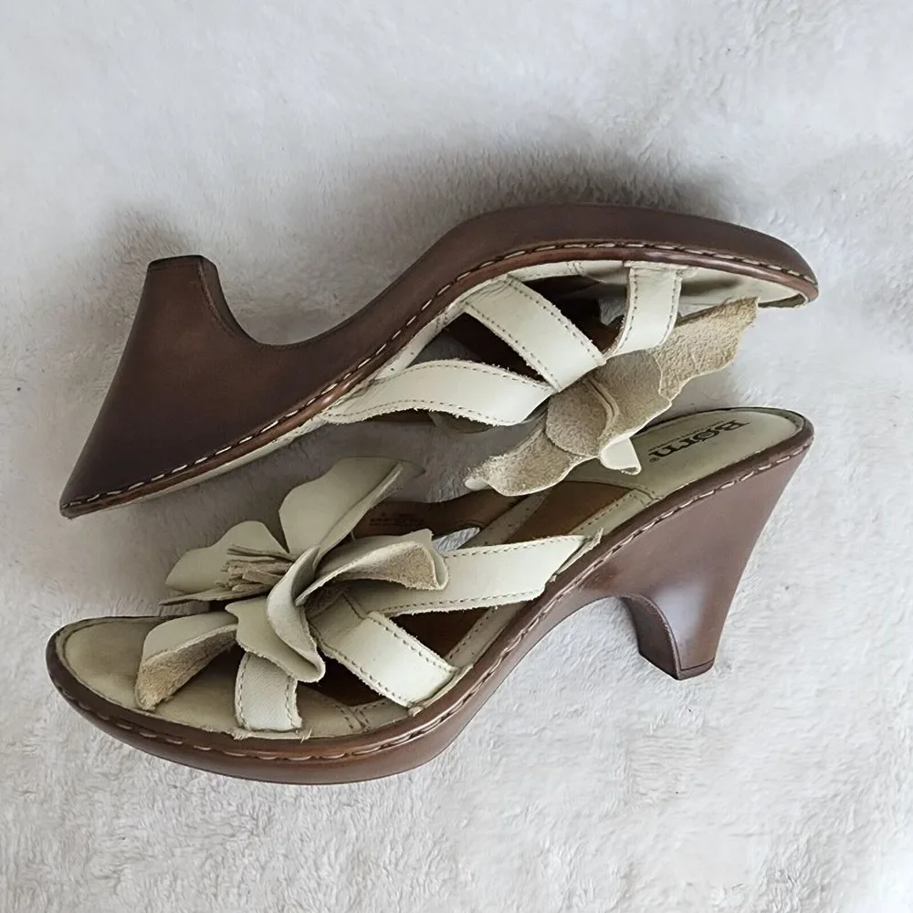 Born Womens Beige Leather Flower Heel Strappy Leather Sandal Size Us 9 Eu 40